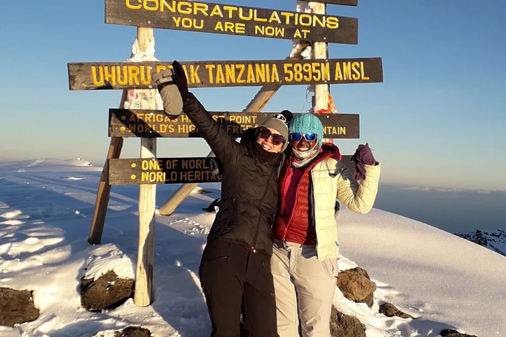 having the adventure of a lifetime - 2 women on top of Mount Kilimanjaro 